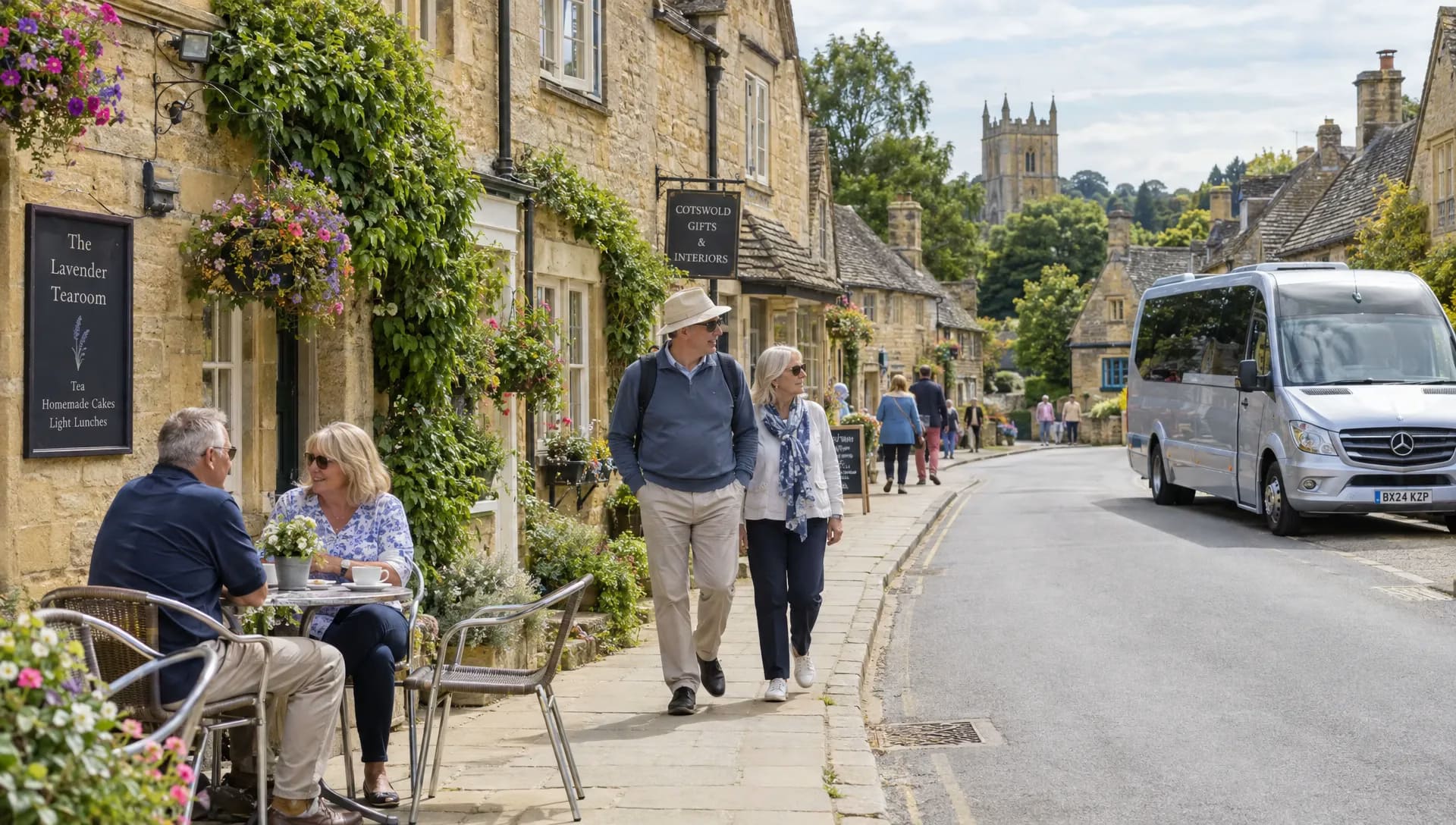 Visitors stroll through a Cotswolds village while other travellers relax at a café near their mini-coach.