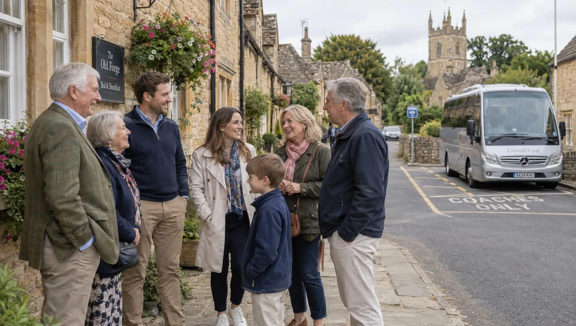 Relatives chat beside a parked minicoach in a Cotswolds village during a private group tour reunion.