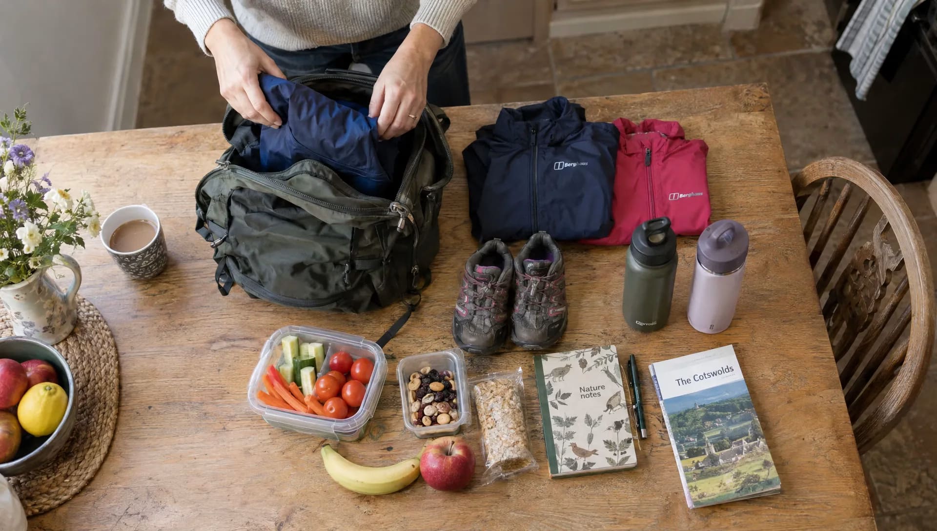 A family day bag is packed with walking shoes, waterproofs, water bottles, snacks and a notebook for Cotswolds day tours.