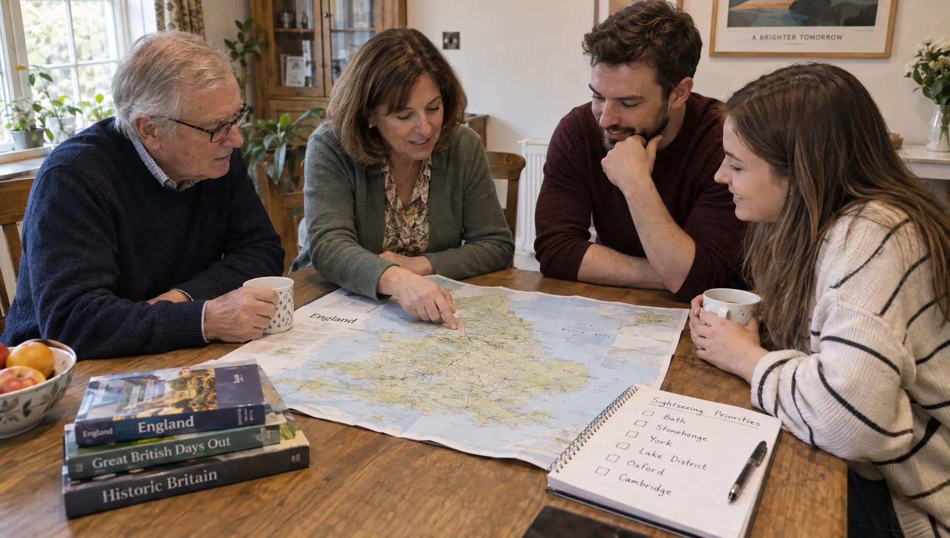 Adult relatives from different generations discuss a map of England and shared sightseeing priorities at home.
