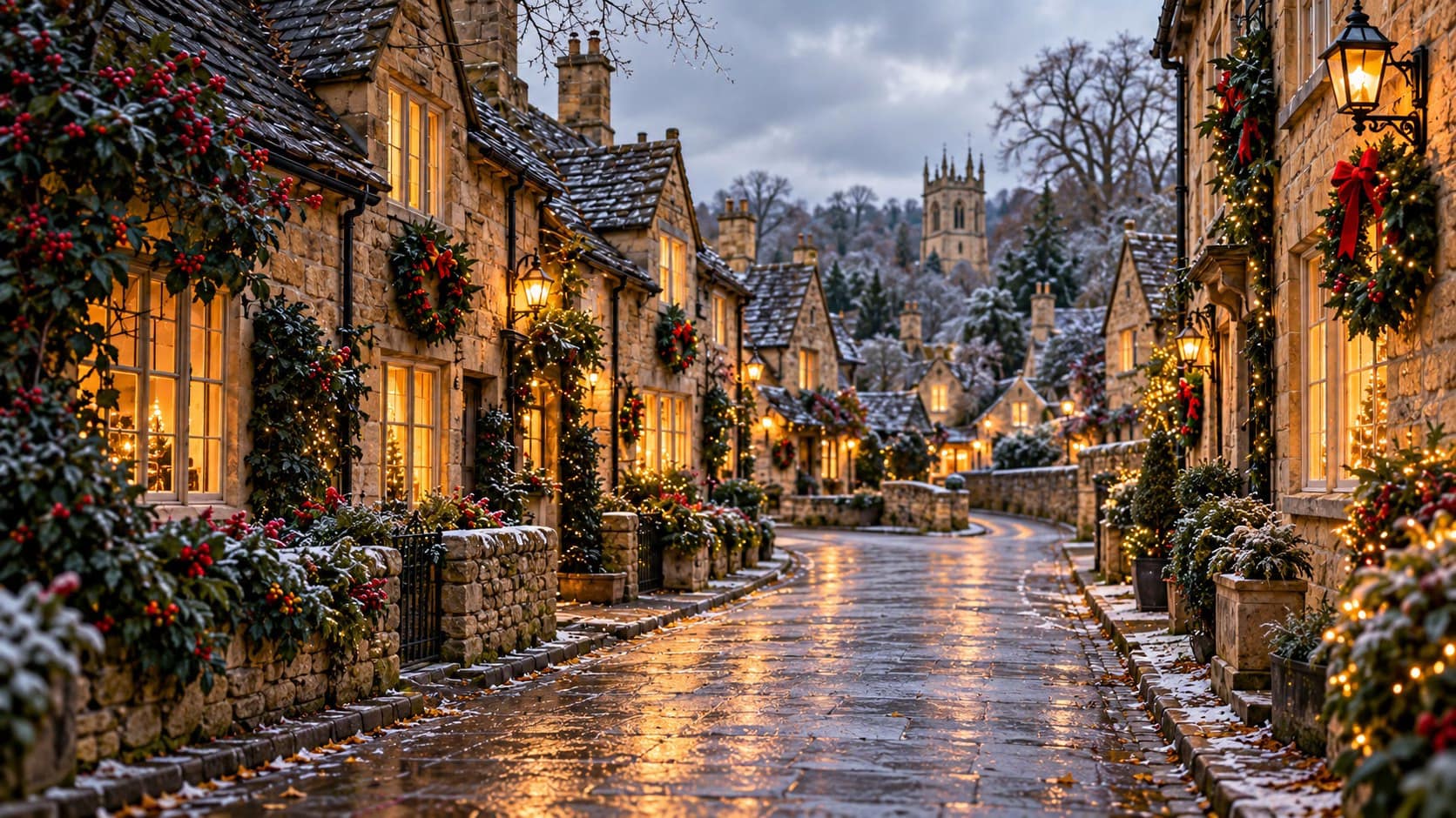 Illustration of a Cotswolds village decorated for Christmas, with warm lanterns and festive greenery