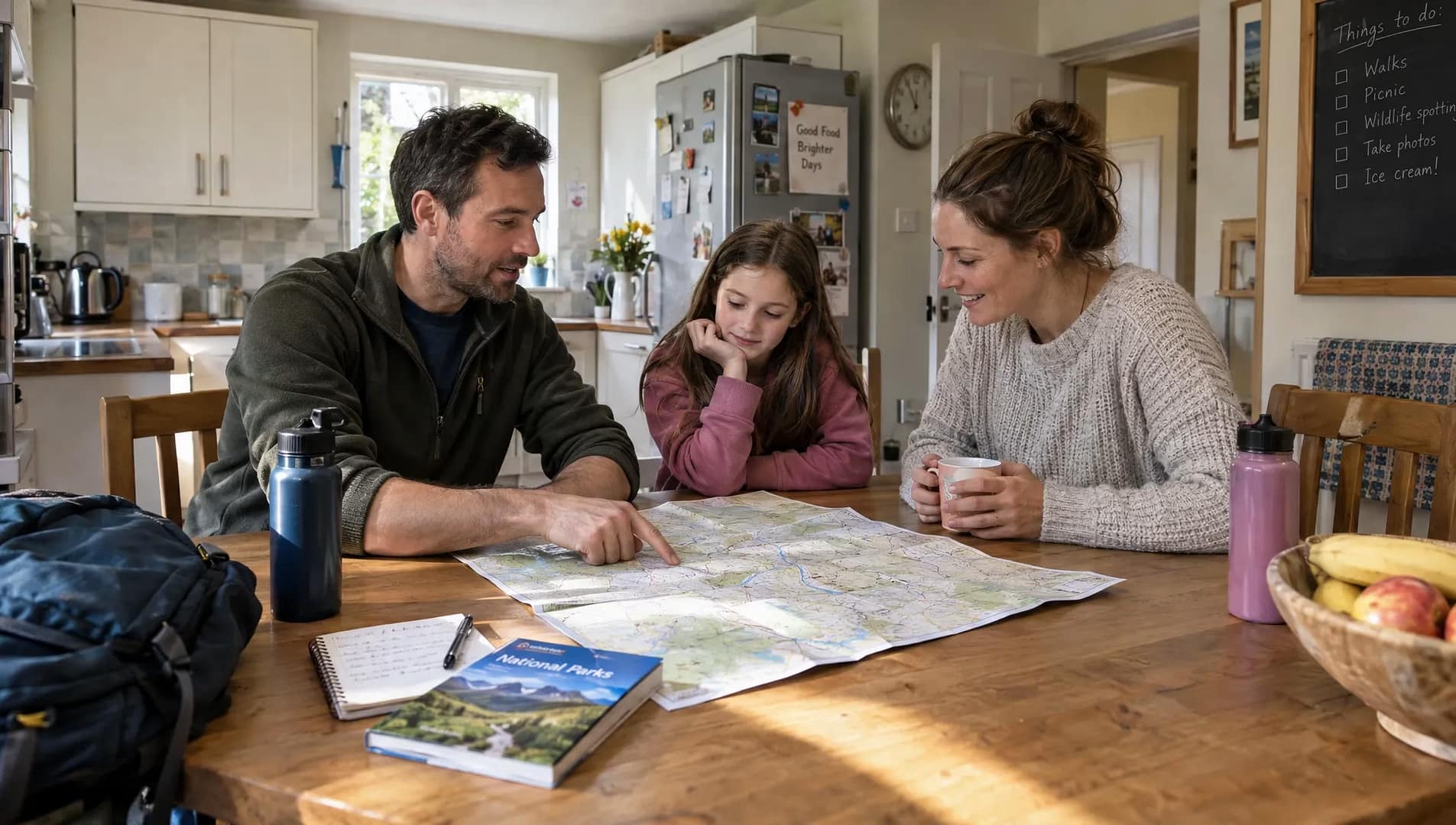 a-family-discusses-a-cotswolds-day-out-over-a-map-1793316547153 A family discusses a Cotswolds day out over a map, water bottles and a notebook at home.