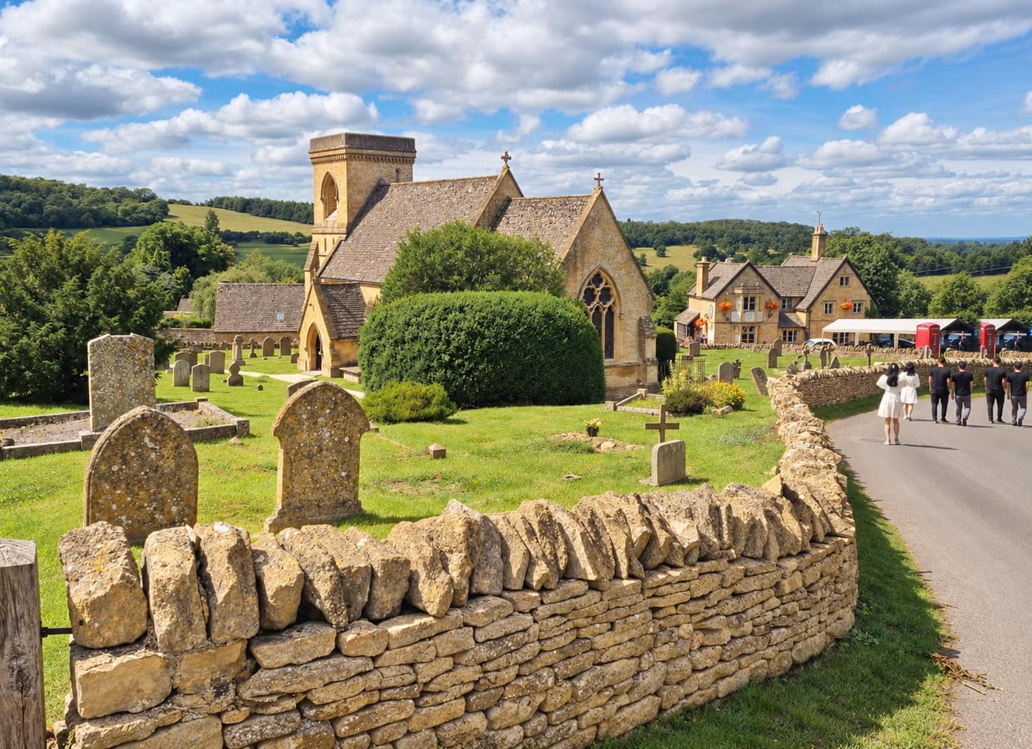 Honey-stone Cotswolds church and village churchyard