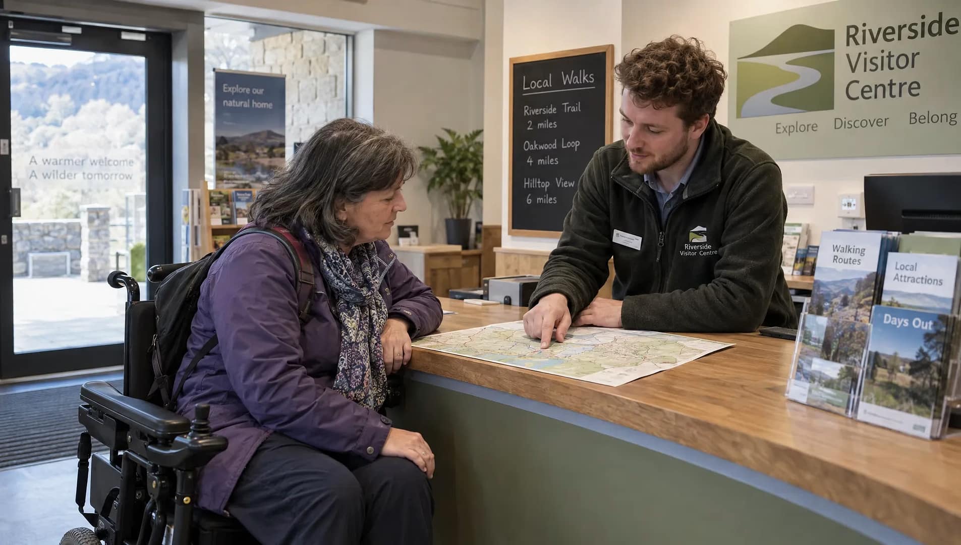 a-traveller-and-tour-operator-discuss-route-option-1792719018088 A traveller and tour operator discuss route options beside a mobility aid before arranging a private tour.