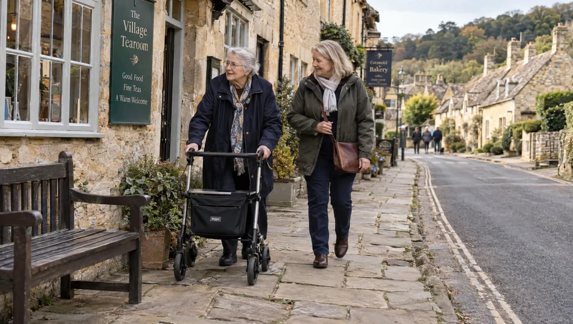 A traveller using a rollator walks with a companion past a bench on uneven paving in a Cotswolds village.